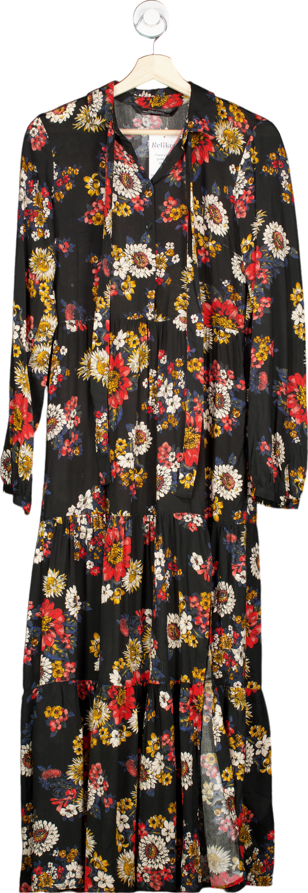 Zara Black Floral Tiered Long Floral Dress UK S