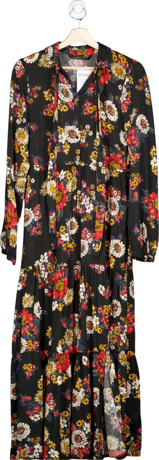 Zara Black Floral Tiered Long Floral Dress UK S