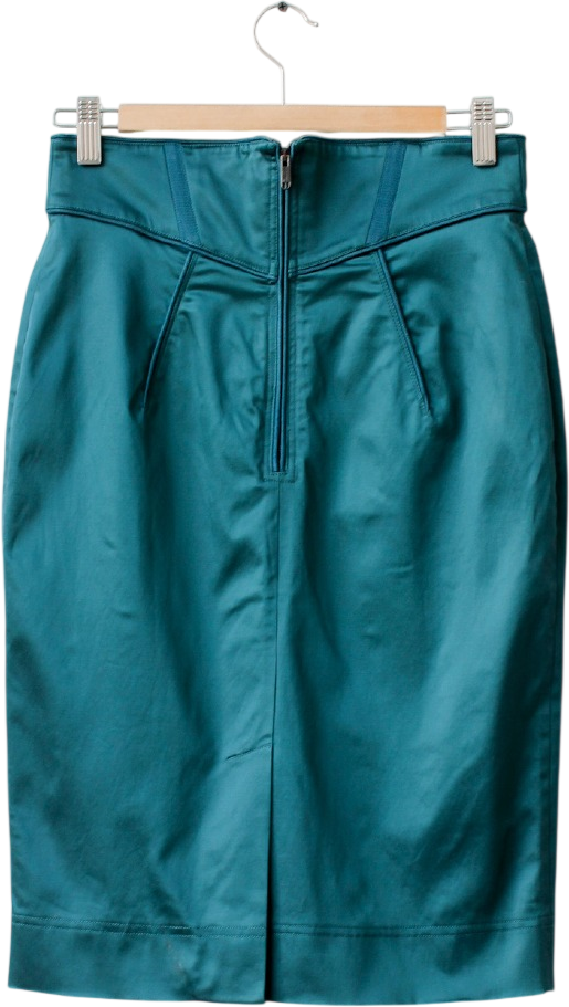 ZAC POSEN Petrol Blue Duchess Satin Structured High Waist Pencil Skirt UK 10