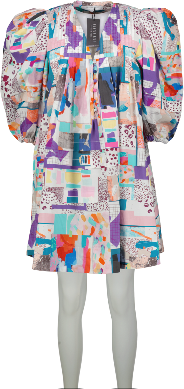 HUNTER BELL Patchwork Printed Puff Sleeve Cotton Dress UK M