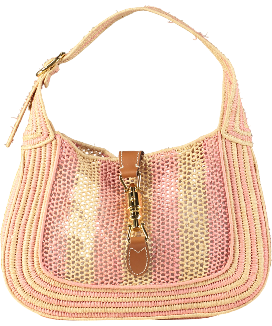 Gucci Raffia Woven Striped Small Jackie 1961 Hobo Pink / Natural Shoulder / crossbody bag