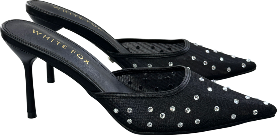 White Fox Feeling Festivecrystal Embellished Mule Heels Black UK 6 EU 39 👠