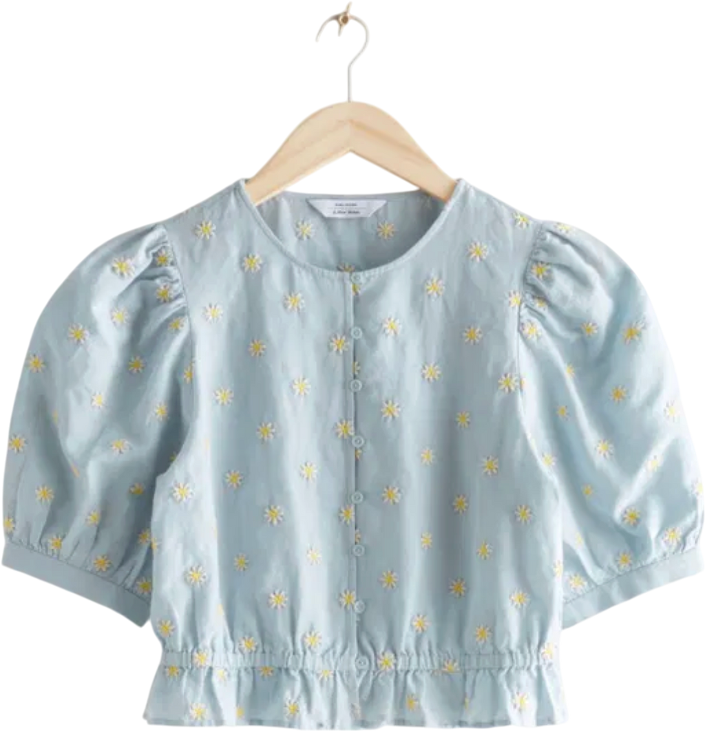 & Other Stories Blue Daisy Embroidered Cotton / Linen Blend Puff Sleeve Blouse UK 6