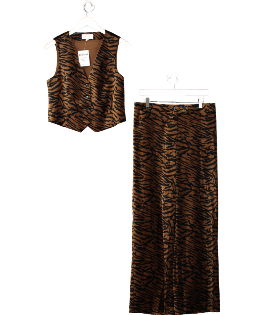 M&S Brown Velvet Animal-print Waistcoat And Wide Leg Trousers UK 12
