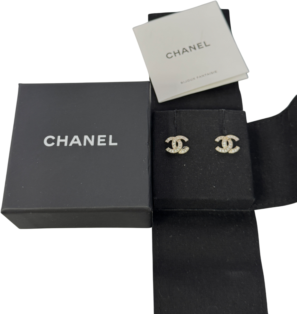 Chanel Yellow Gold / Crystal  "CC" Stud Earrings