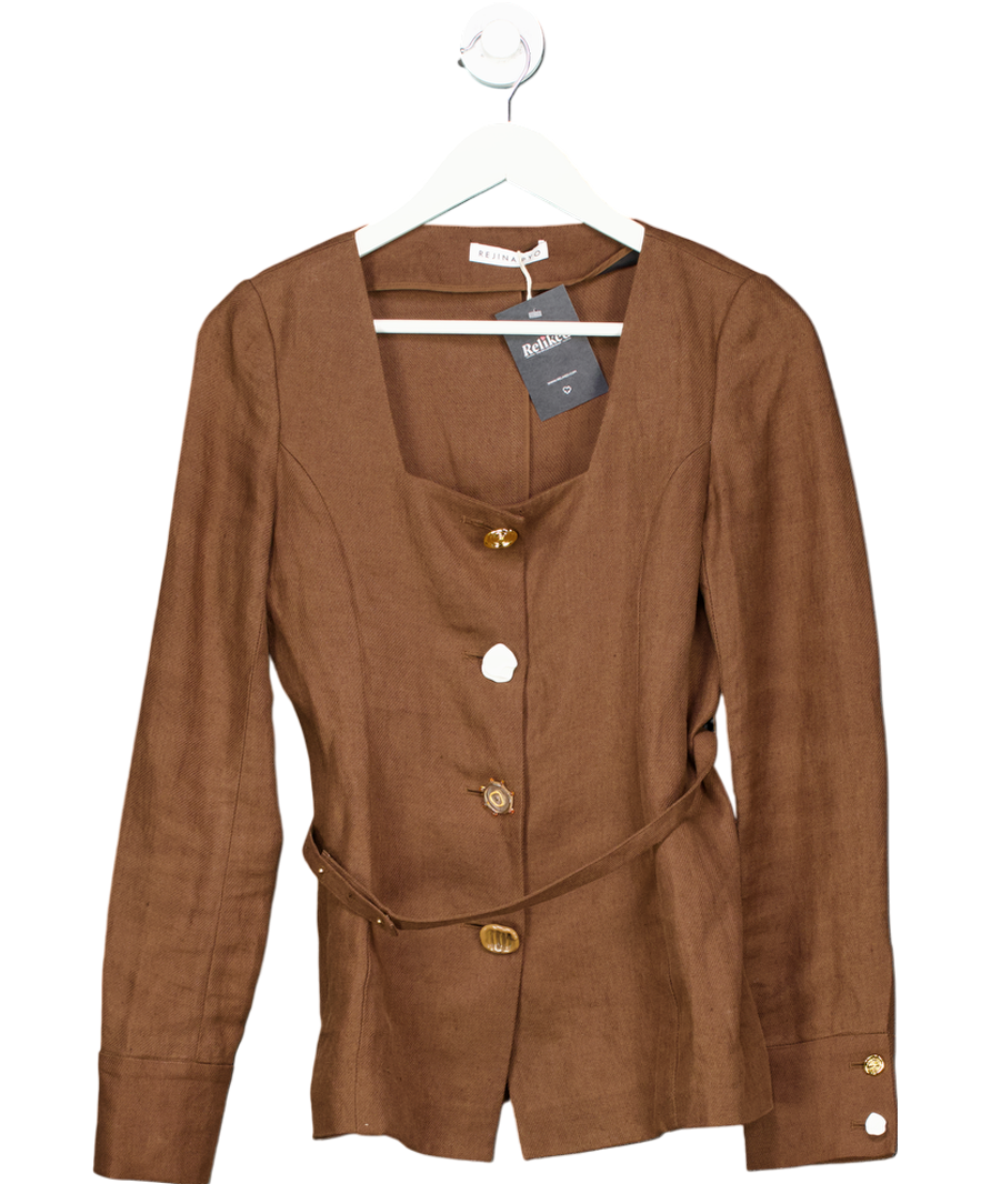 Rejina Pyo Brown 100% Linen Martina Button Detail Jacket UK 6