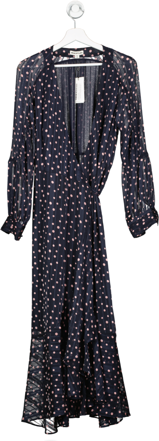 Whistles Navy Blue / Pink Satin Stripe Spot Wrap Dress BNWT UK 14