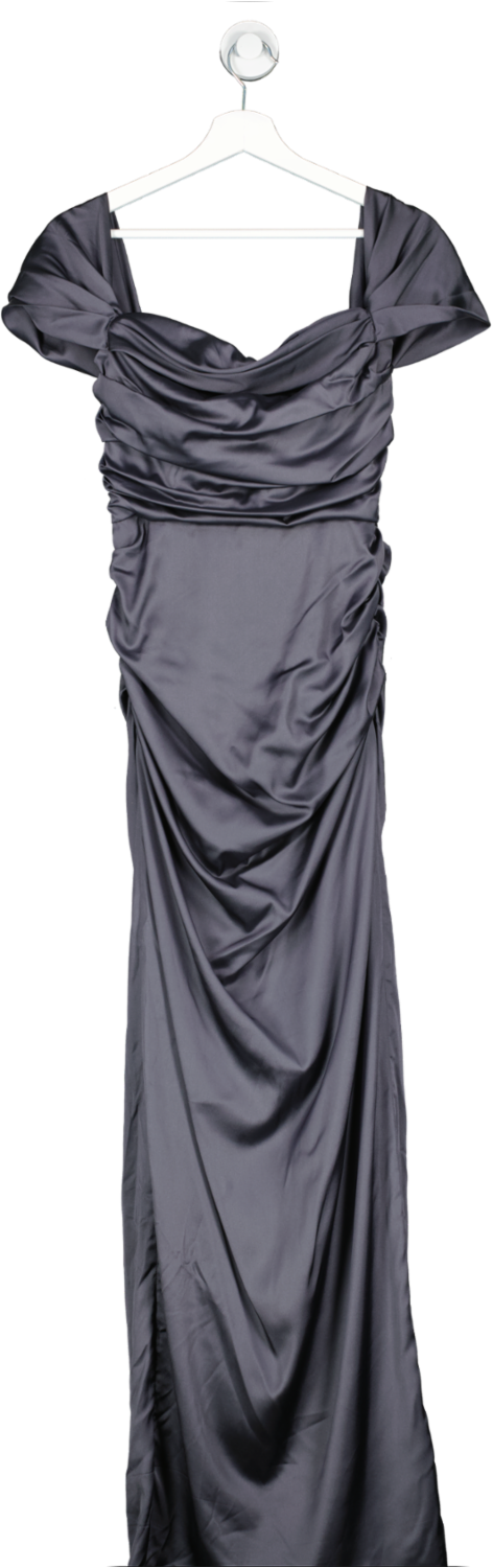 Chi Chi London Grey Bardot Ruched Satin Maxi Dress UK 8