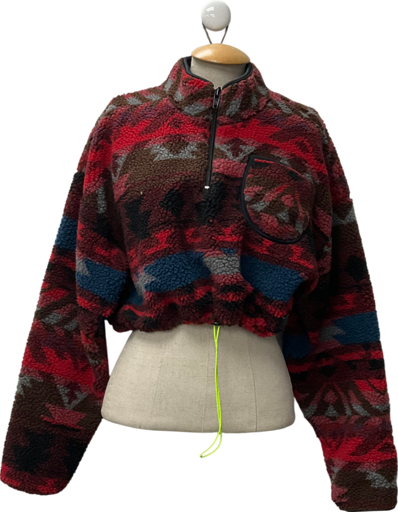 Urban Outfitters Red Plaid Fleece Crop Top Sweater Jacket UK L