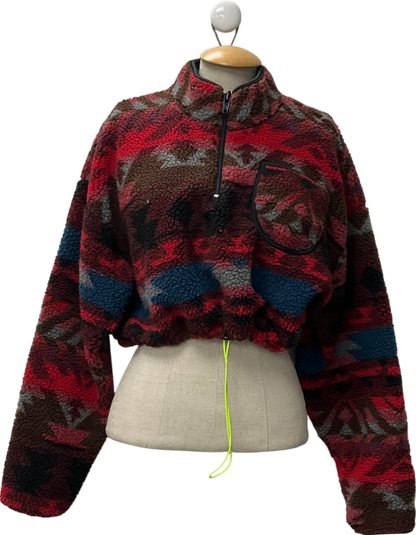 Urban Outfitters Red Plaid Fleece Crop Top Sweater Jacket UK L