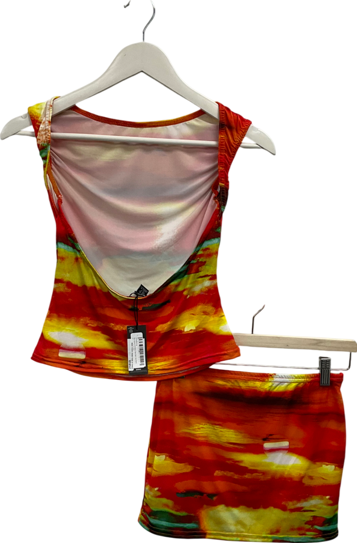 PrettyLittleThing Red Abstract Print Low Rise Slinky Micro Mini Skirt & Open Back Top UK 10