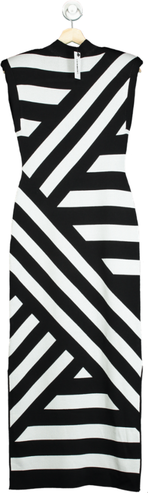 Karen Millen Black and White Stripe Power Shoulder Knit Midi Dress UK S