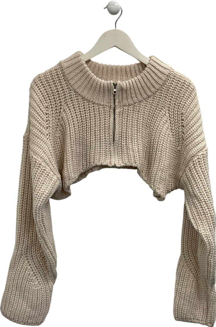 Minimuze Cream Cropped Zip Front Chunky Sweater UK S