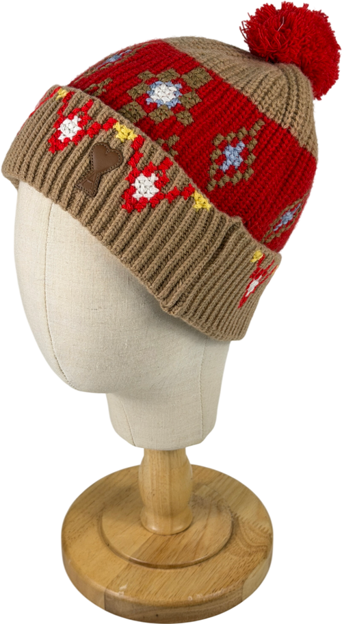 AMI Paris Camel / Red Intarsia-knit Wool Beanie Hat One Size