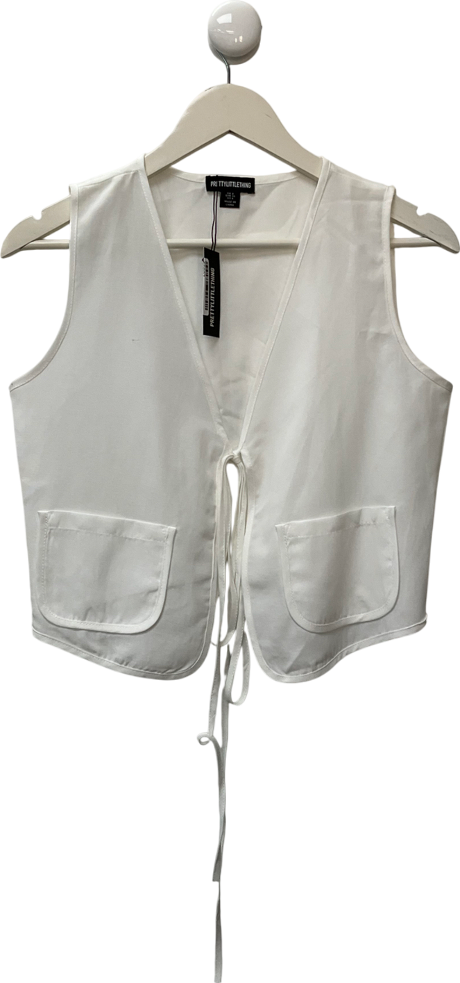 PrettyLittleThing White Linen Look Tie Front Waistcoat UK 8