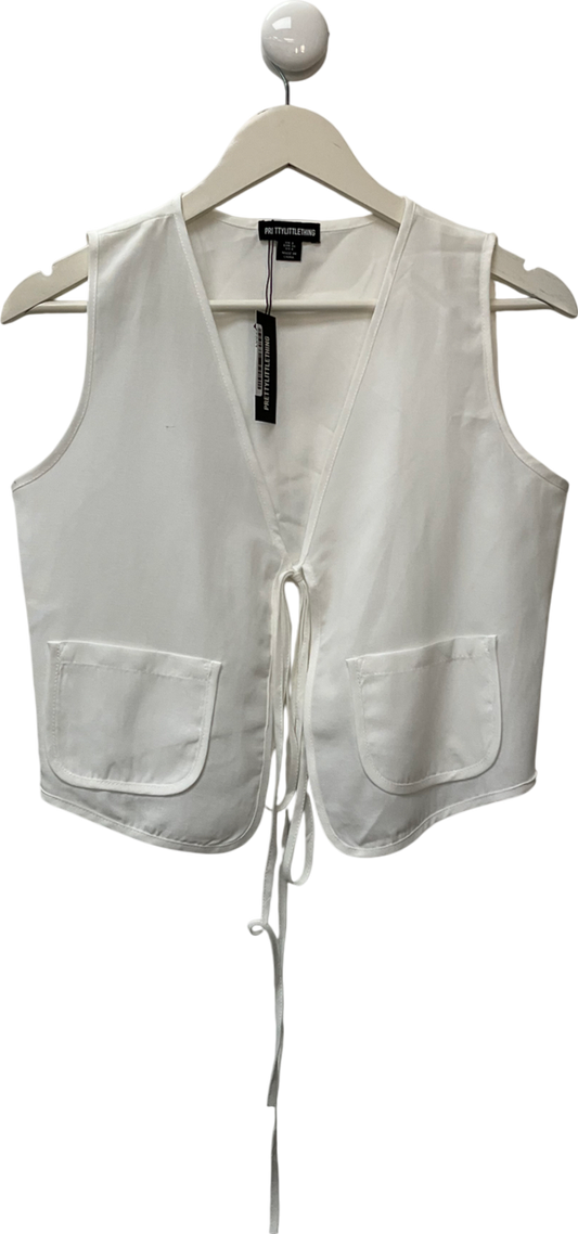 PrettyLittleThing White Linen Look Tie Front Waistcoat UK 8