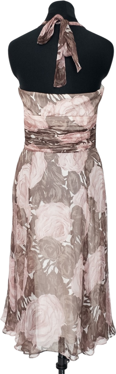 Phase Eight Taupe / Dusty  Pink Floral Silk  Chiffon Halter Neck Dress UK 10