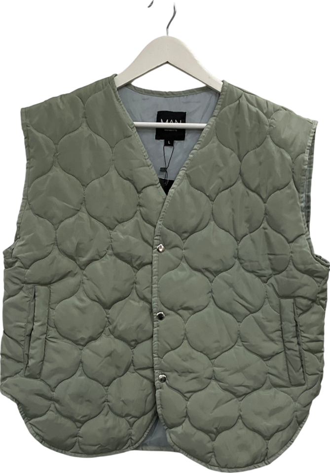 boohooMan Green Onion Quilted Popper Gilet UK L