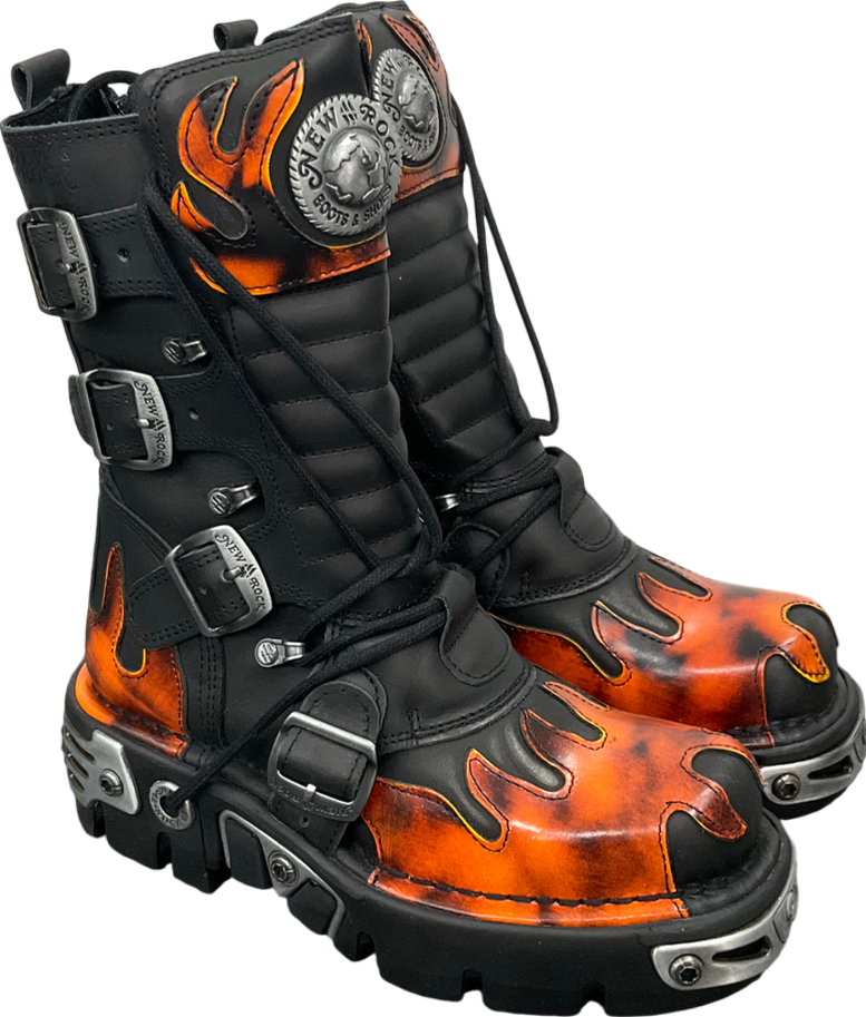 New Rock Black Flame Accented Leather Biker Boots UK 5 EU 38 👠