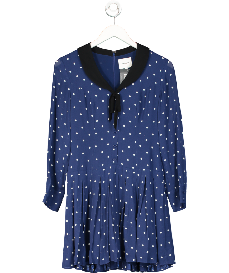 Reformation Blue Polka Dot Pleated Hem Mini Dress Us2 UK 6