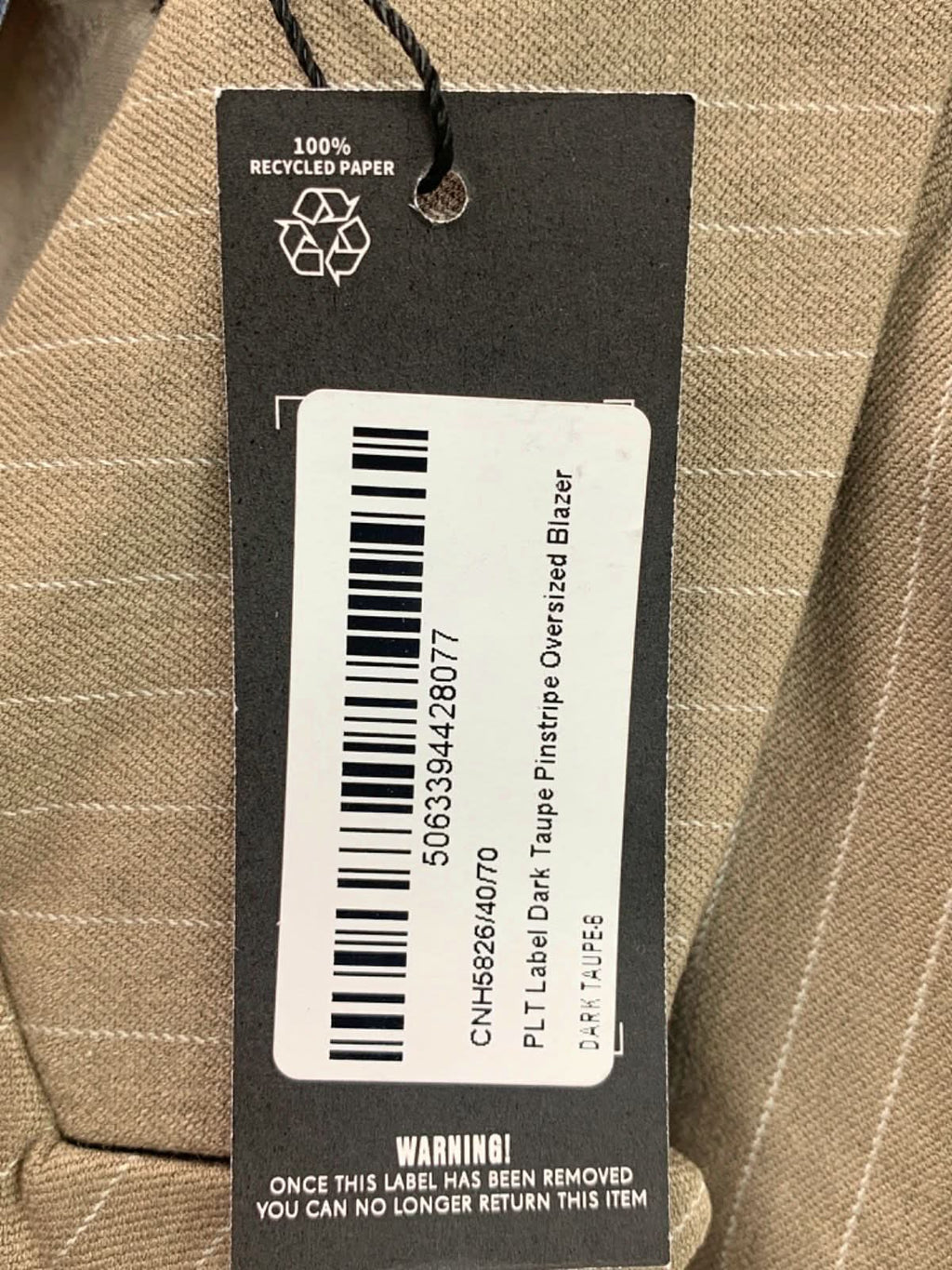 PLT Label Dark Taupe Pinstripe Oversized Blazer UK 8