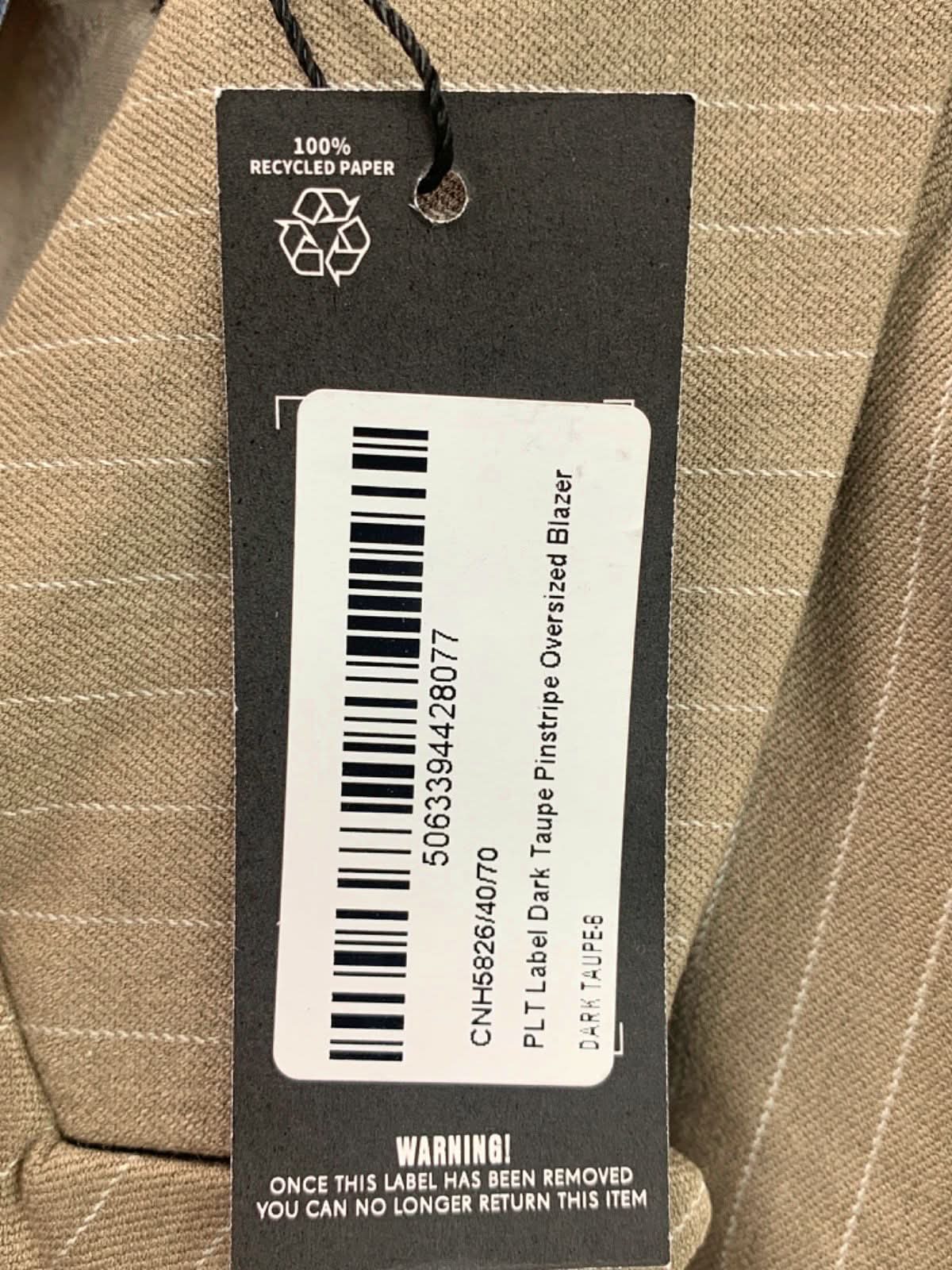 PLT Label Dark Taupe Pinstripe Oversized Blazer UK 8