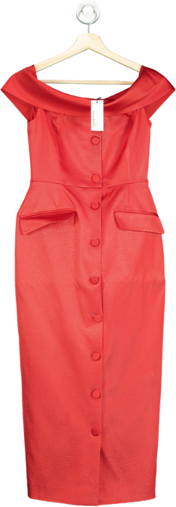 Karen Millen Red Italian Structured Rib Bardot Button Through Tailored Midi Dress UK 6