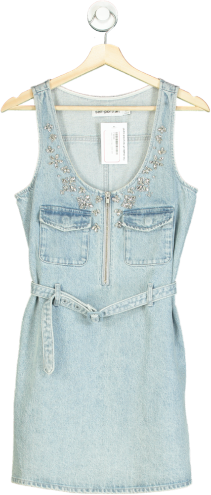 Self-Portrait Light Blue Embellished Denim Dress UK 8