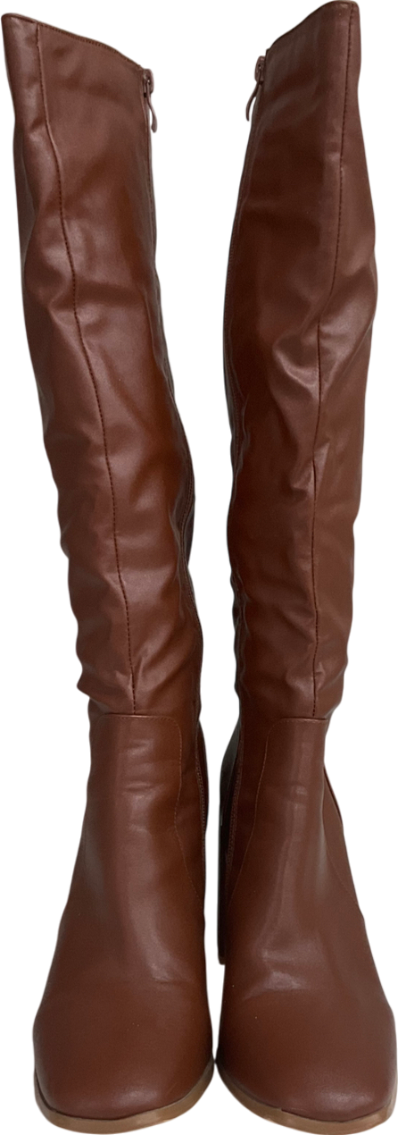 PrettyLittleThing Brown Round Toe Ruched Over The Knee Block Heeled Boots UK 7 EU 40 👠