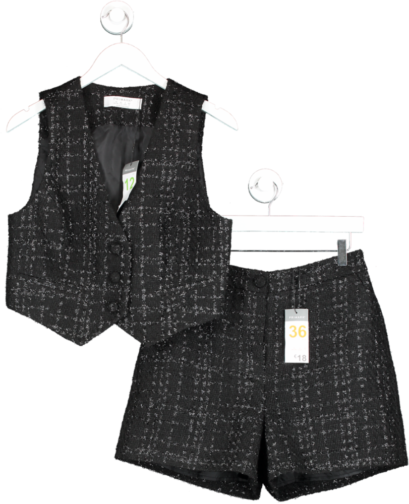 Primark Black Shimmery Tweed Skirt And Waistcoat Set Top Uk 12 UK 8