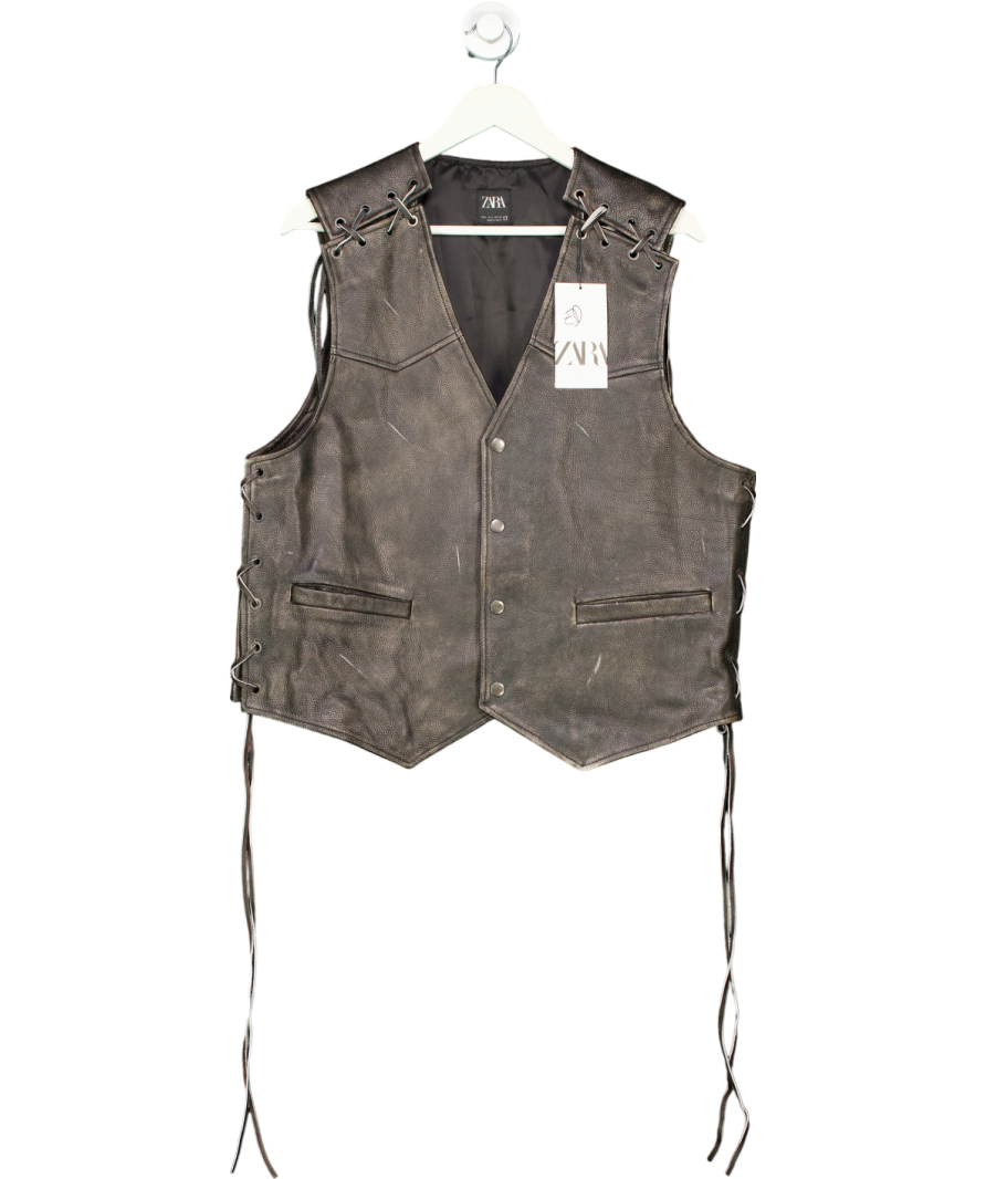 ZARA Brown Vintage Effect Leather Waistcoat UK L