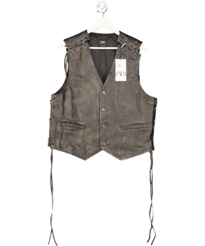 ZARA Brown Vintage Effect Leather Waistcoat UK L