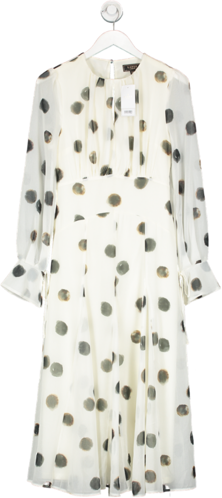 lipsy london White Long Sleeve Gathered Waist Spot Midi Dress UK 8