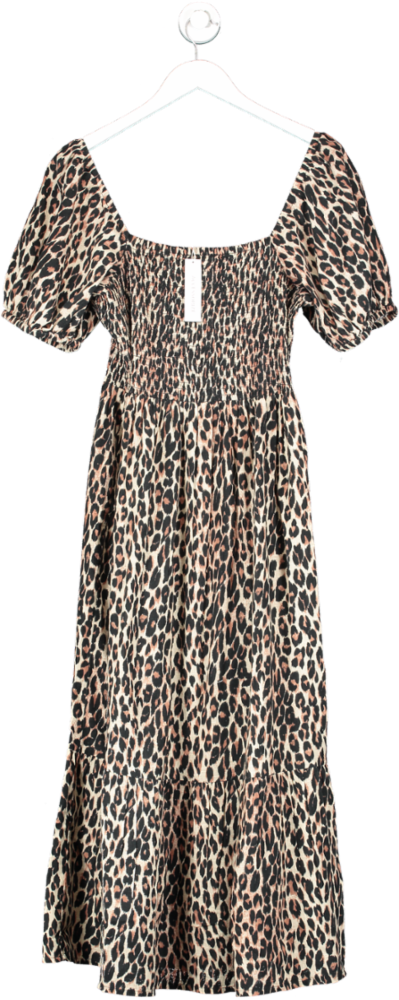 Accessorize Leopard Print Shirred Puff Sleeve Dress Brown UK L