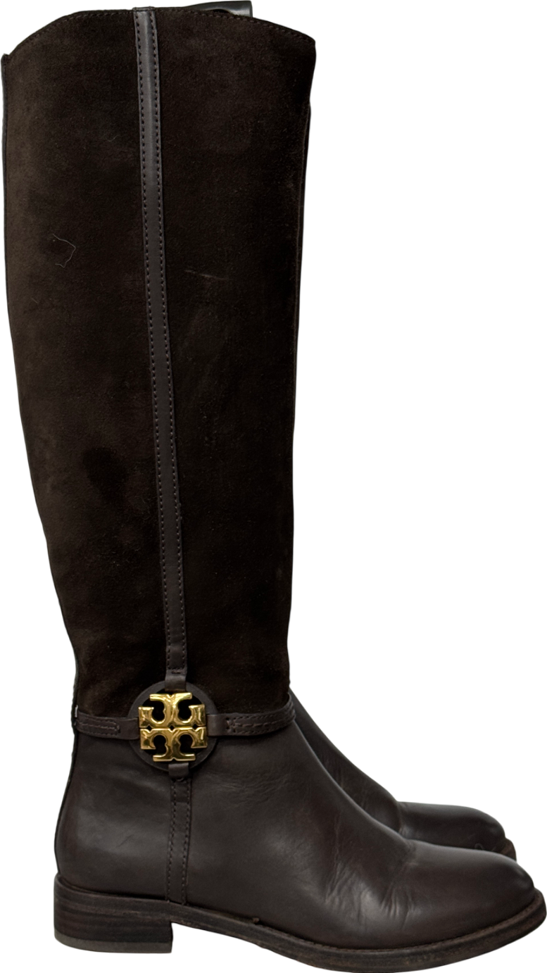 Tory Burch Chocolate Brown Leather And Suede Riding Boots With Gold Logo Hardware Us6 UK 4 EU 37 👠