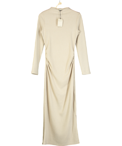 River Island Beige Long Sleeved Ruched Midi Dress UK 6