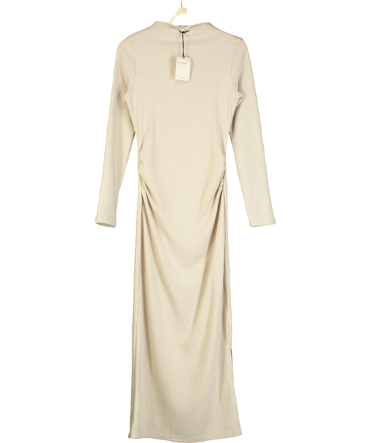 River Island Beige Long Sleeved Ruched Midi Dress UK 6