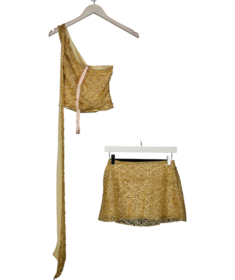 Oh Polly Metallic 2-piece Gold Embellished Scarf-detail Top And Mini Skirt Set UK 6