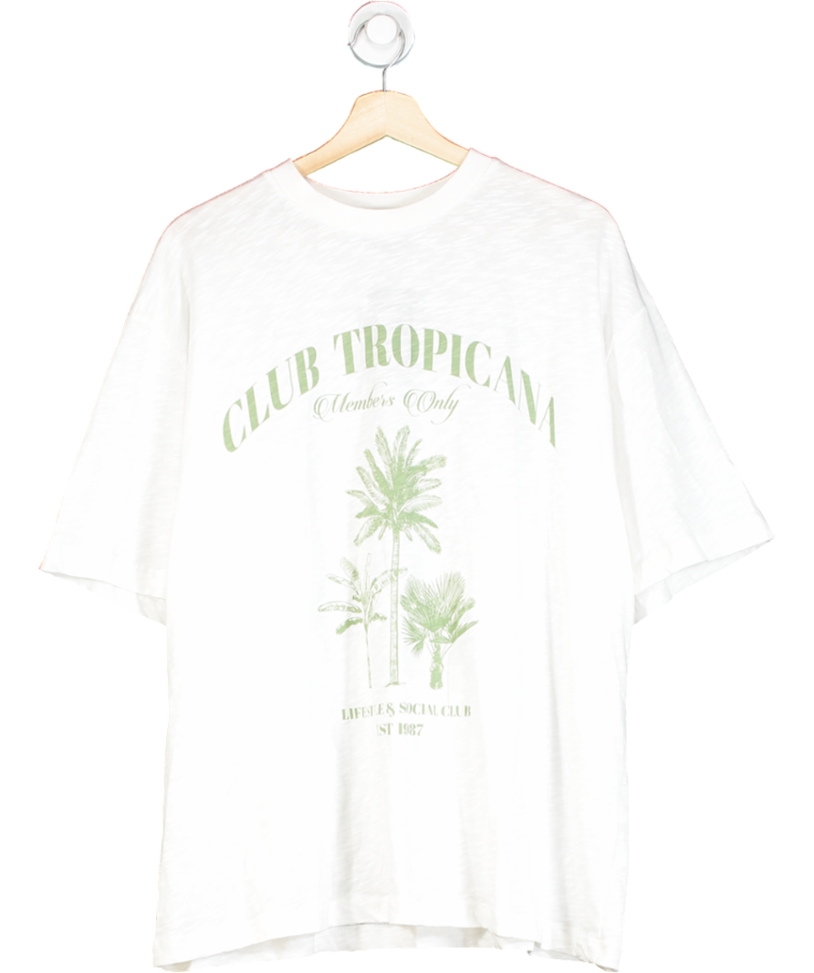 ASOS White Textured Boyfriend Fit T-shirt With Club Tropicana Graphic UK S