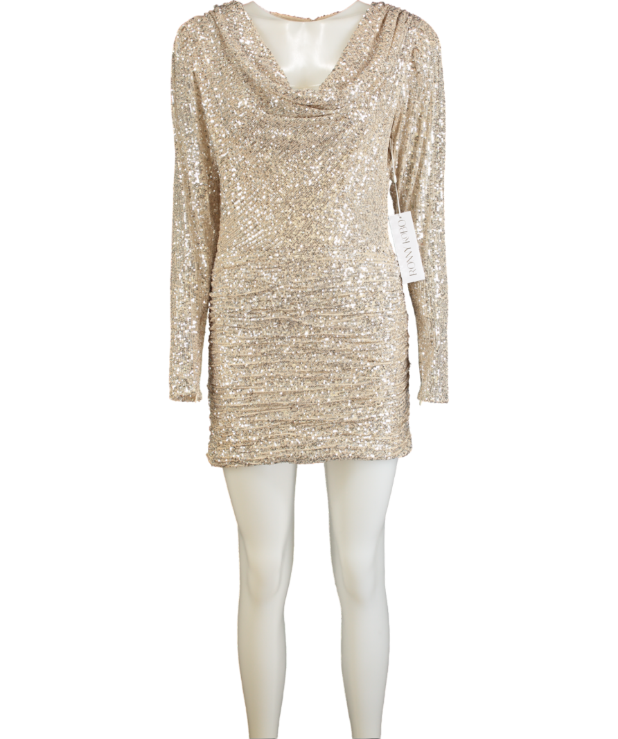 Ronny Kobo Metallic Elena Champagne  Sequin Cowlneck Minidress UK XS