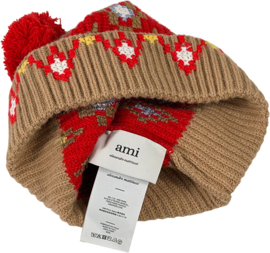 AMI Paris Camel / Red Intarsia-knit Wool Beanie Hat One Size