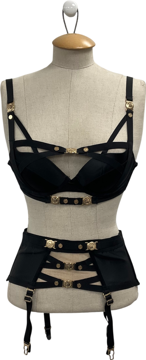 Honey Birdette Black Satin Push Up Bra And Suspender Set UK 32D