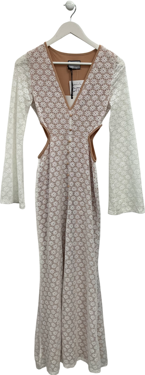 RNWY White Side Cut Out Lace Maxi Dress With Flared Sleeves UK S