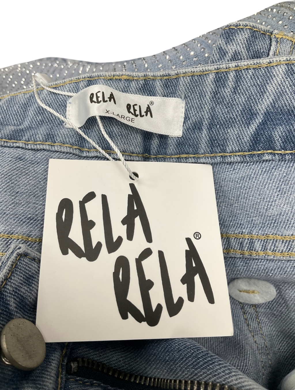 Rela Rela Blue Boyfriend Loose Fit Mid Rise Rhinestone Jeans UK XL