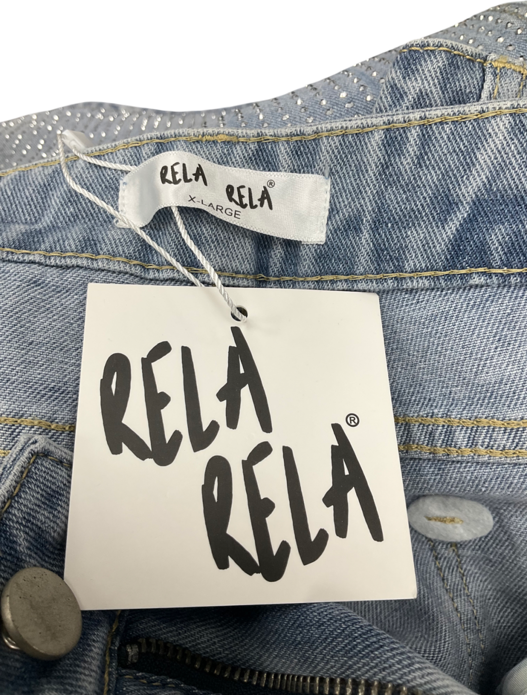 Rela Rela Blue Boyfriend Loose Fit Mid Rise Rhinestone Jeans UK XL