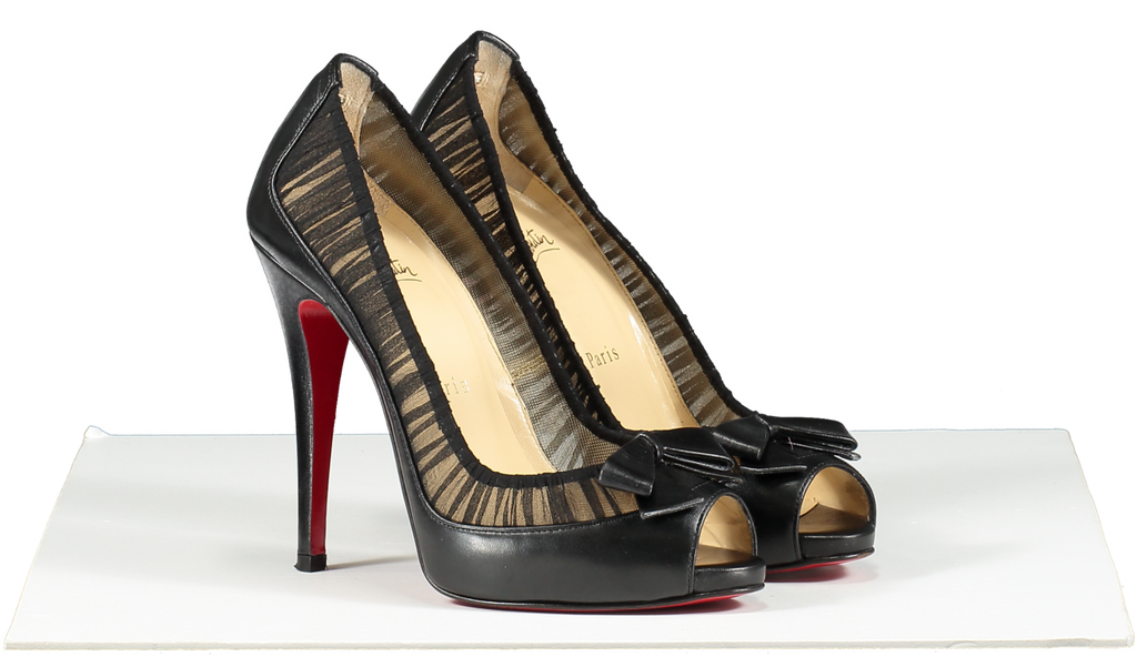 Christian Louboutin Black Leather/chiffon Angelique 100 Peep Toe Pumps UK 3 EU 36 👠