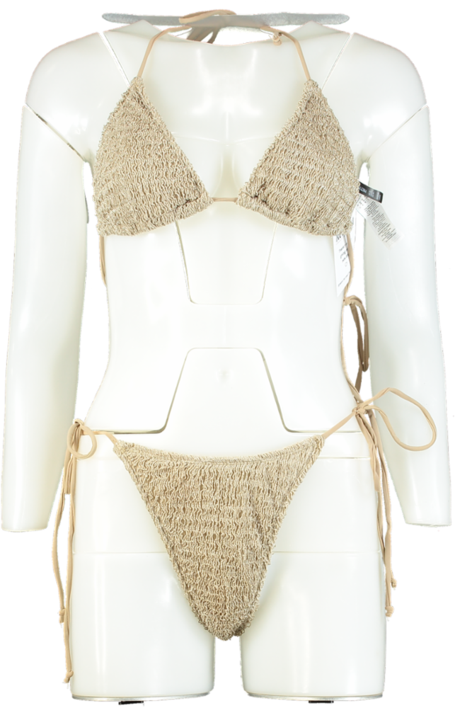 PrettyLittleThing Beige Crinkle Bikini Set UK 10