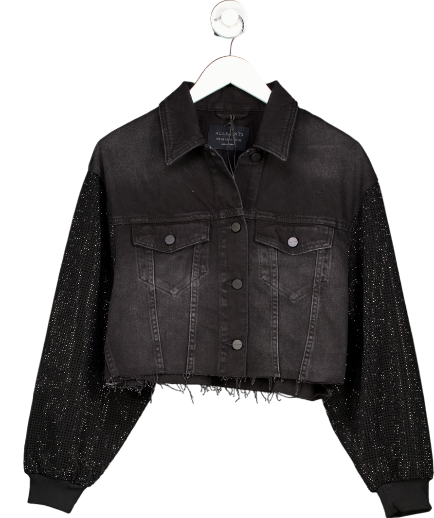 All Saints Black Anders Embellished Sleeve Denim Shacket UK 10