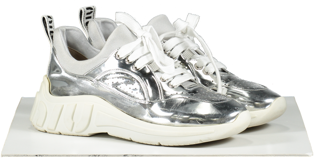 Miu Miu Metallic Silver Logo Heel Run Metal Tech Trainers UK 6 EU 39 👠