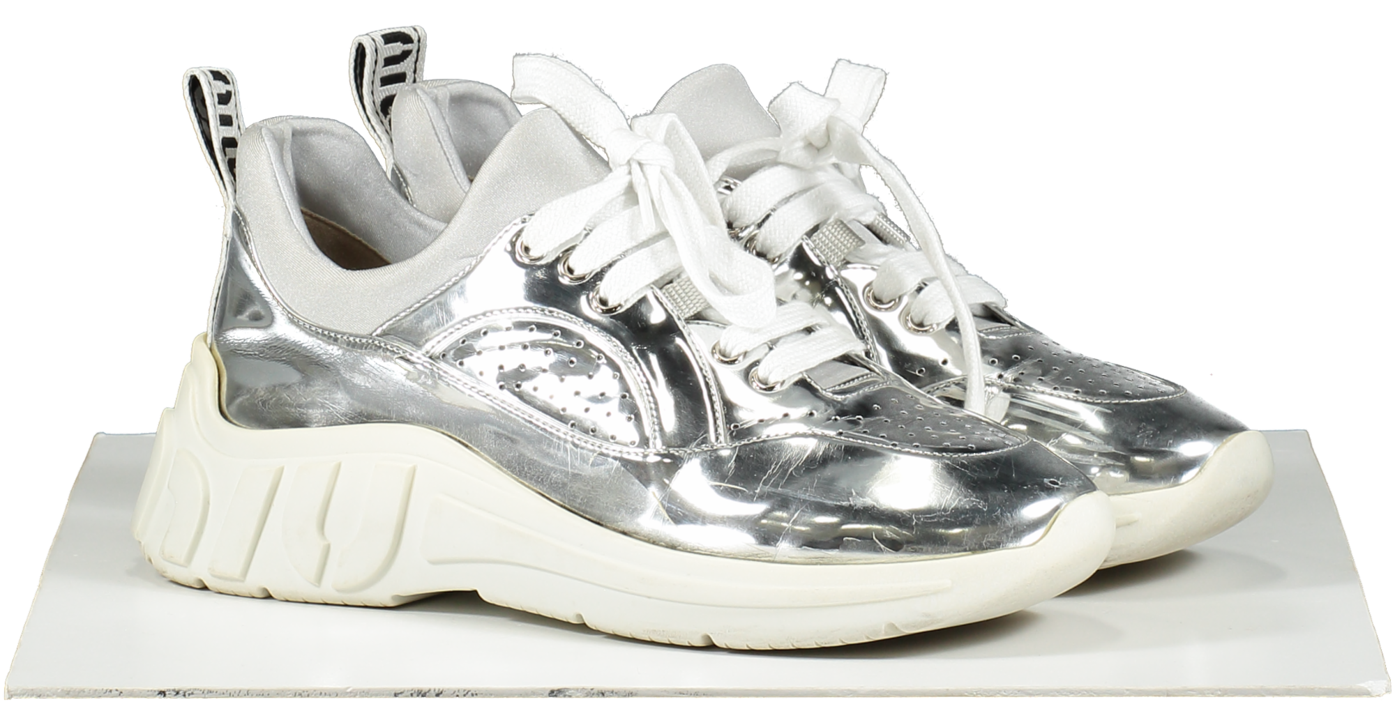 Miu Miu Metallic Silver Logo Heel Run Metal Tech Trainers UK 6 EU 39 👠